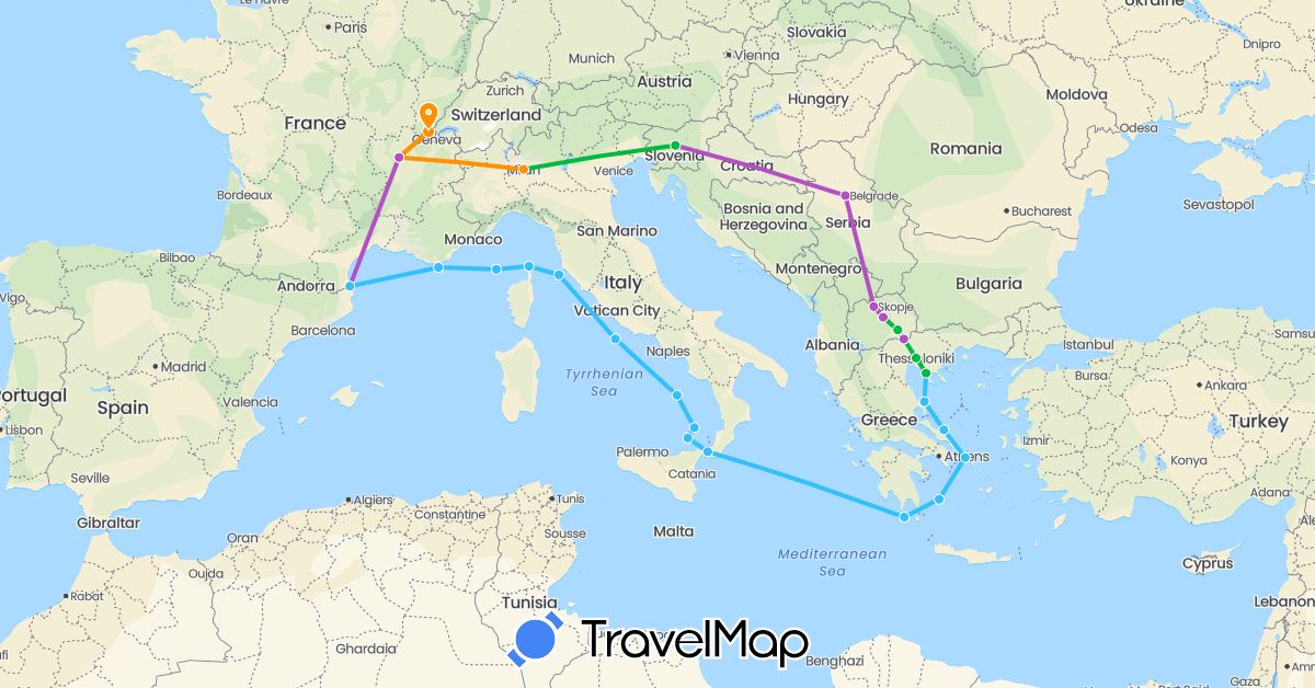 TravelMap itinerary: driving, bus, train, boat, hitchhiking in France, Greece, Italy, Macedonia, Serbia, Slovenia (Europe)